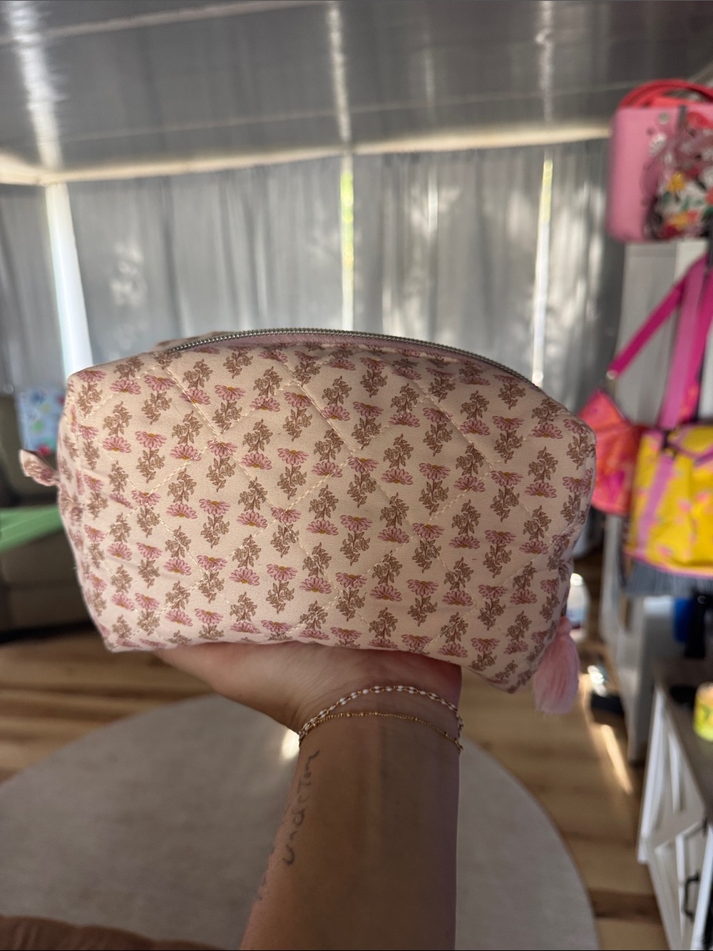 Floral Quilted Pink Cosmetic Pouch by